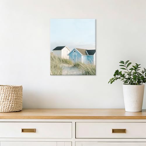 Image of CHDITB Coastal Beach Pastel Framed Canvas Wall Art, Ocean Summer Scenery Artwork, Boho Seaside Cottage Wall Decor, Pink Sand Wave Beach Hut Art Prints For Living Room Bedroom Decor 8 inchx10 inchx6