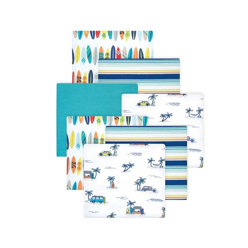 Image of Little Treasure Hudson Baby Cotton Poly Flannel Receiving Blankets Multipack, Blue Surfer Dude, 30x30 inches