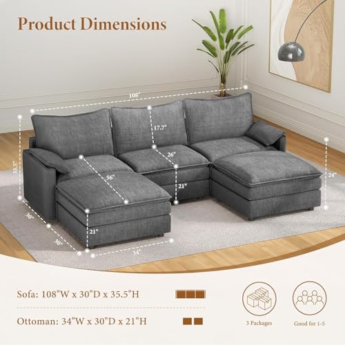 Image of Vesgantti 108 inch U Shaped Sectional Couch, Comfy Cloud Modular Sectional Sofa with 2 Ottoman Deep Seat Chenille Modern Cloud Sofa, Modular Sofas for Living Room, Bedroom and Apartment, Gray