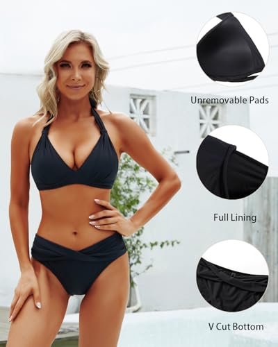Image of Yonique Women Two Piece Bathing Suits Push Up Bikini Set Halter Swimsuit Vintage Swimwear