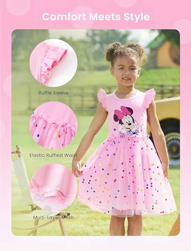 Image of Disney Princess Frozen Elsa Minnie Stitch Toddler Girl Tulle Tutu Dress Ruffle Sleeve Mesh Summer Birthday Party Clothes 2-9Y
