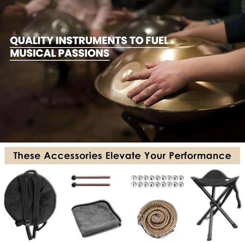 Image of PERLMAN 12-Note Handpan Drum, 22-Inch D Kurd (440 Hz), Adult Handpan with Padded Bag, 2 Mallets, Foldable Stand, Dust-Free Cloth (Gold Finish)