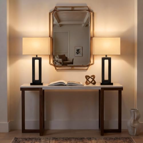 Image of 22 inch Matte Black Textured Ceramic Table Lamps Set of 2, Modern Bedside Lamps with Linen Shade, 5ft Cord Inline Rotary Gear Switch E26 Nightstand Lamp for Bedroom Living Room Entryway Decor