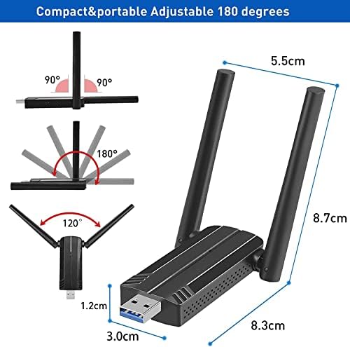 Wifi Dongle for PC, AC1300Mbps Wifi Adapter, 5dBi Dual Band 2.4GHz/5.8GHz USB 3.0 Wireless Adapter for PC/Desktop/Tablet/Laptop, Support Windows 11/10/8/7/Vista/XP, Mac OS