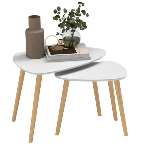 HOMCOM Nesting Coffee Table Set of 2 Side Tables with Solid Wood Legs - Light Grey Stacking End Tables for Living Room and Bedroom
