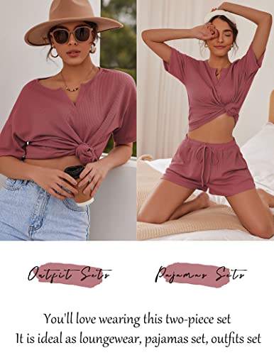 Ekouaer 2 Piece Women Lounge Sets Short Sleeve Top And Shorts Waffle Lounge Set Tracksuits Sweatsuits Fuchsia Red L #TOP4