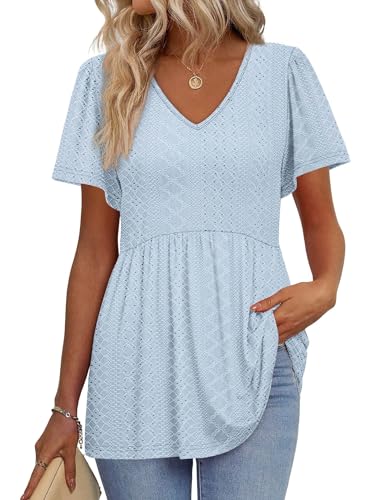 Image of OFEEFAN Womens Summer Tops Babydoll Short Sleeve Shirts Puff Sleeve Peplum Tops V Neck T Shirts