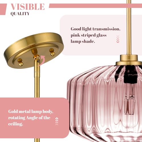 Image of Pendant Lights Gold Kitchen Island Pendant Light Fixtures 1 Light with Amber Glass Shade, Large Glass Chandelier Hanging Lights for Bedroom Living Dining Room (Pink)