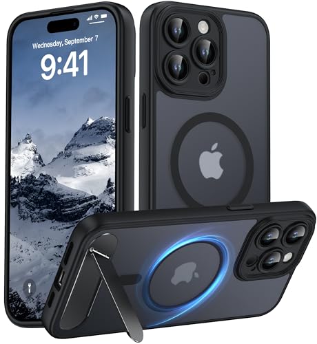Magnetic Compatible with iPhone 15 Pro Max Case [Built-in Kickstand][Full Camera Protection][Compatible with MagSafe][Anti-Fingerprint] Shockproof Phone Case for iPhone 15 Pro Max 6.7 Black