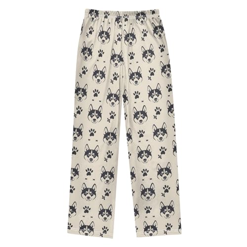 Retro Cartoon Husky Pajama Pants Lounge Sleep Pants Elastic Waist Long Pajama Bottoms with Pockets for 6-14 Years2