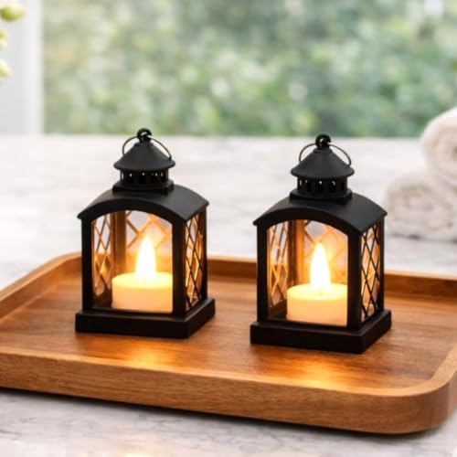 Image of SATYAM KRAFT 12 Pcs Small Antique LED Lantern - Romantic Flameless Hurricane Lamp, Wall Hanging Candle Holder for Home, Gift, Living Room, Bedroom, Wedding Decor (Yellow) (9 x 5.5 cm)