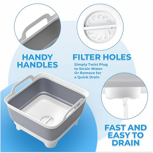 Image of Collapsible Wash Basin with Drain Plug - 2.4 Gallon Foldable Wash Basin for Baby Bottles, Space-Saving Dish Pans for Washing Dishes in Sink, Collapsible Laundry Tub, Portable RV Camping Bin