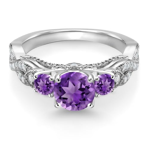Gem Stone King 1.47 Cttw Purple Amethyst and White Moissanite Engagement Ring For Women | 925 Sterling Silver | Gemstone February Birthstone | Round 6MM and 3MM | Available In Size 5, 6, 7, 8, 93