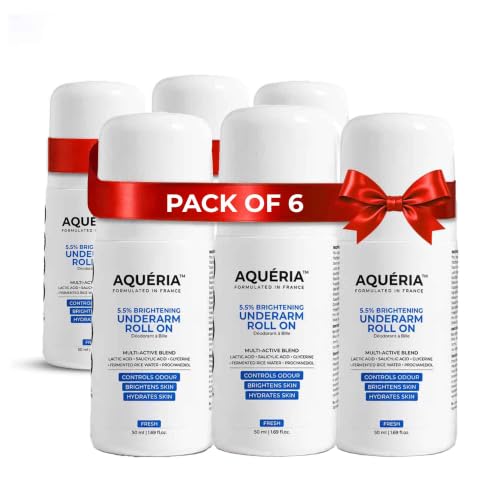Image of Aqueria Pack of 6 Underarm Brightening Roll-On for Men & Women | Lactic Acid, Fermented Rice Water & Glycerine | Helps Reduce Dark Underarms, Pigmentation & Uneven Skin Tone | Controls Body Odour | Fresh Fragrance | (50ml x 6)