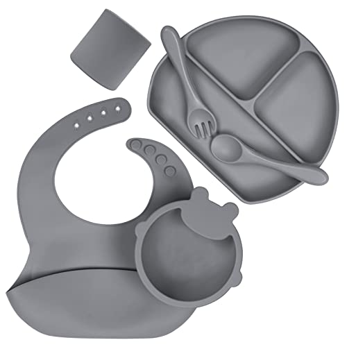 Silicone Baby Feeding Set of 6, Suction Baby Plates and Bowls Sets,COTTONBEBE Baby Led Weaning Supplies, Toddler Fork Spoon Utensils, Bibs, Cup, Grey
