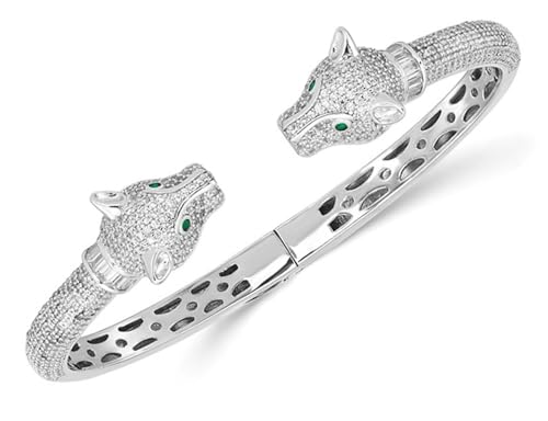 Lioness Head Cuff Bangle Bracelet in Sterling Silver with Cubic Zirconia (CZ) s - Main Image