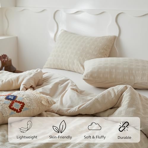 Image of Simple&Opulence 100% Cotton Waffle Weaving Comforter Set-3 Pieces Bedding Set(1 Comforter and 2 Pillowcases), Lightweight Soft Breathable Comforter Bed Sets for All Season(Khaki, King)