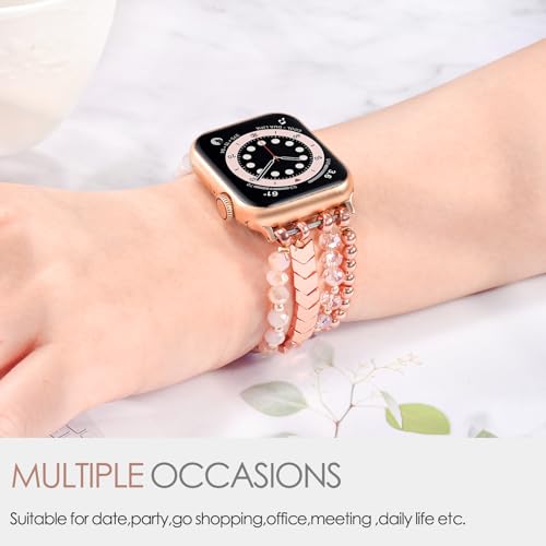 Image of MOFREE Beaded Bracelet Compatible for Apple Watch Band 38mm 40mm 41mm 42mm 44mm 45mm Women,Fashion Handmade Elastic Stretch Strap for iWatch Series SE 8 7 6 5 4 3 2 1