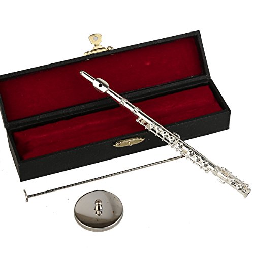Dselvgvu Miniature Flute with Stand and Case Brass Mini Musical Instrument Flute Replica Collectible Figurines Dollhouse Accessories Model Home Decoration Display Ornament (Silver, 7.09
