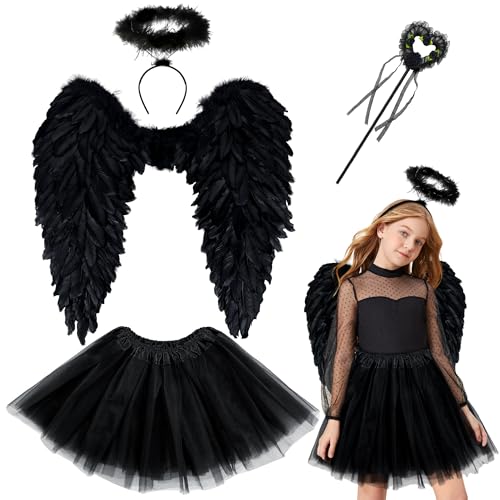 Yezmo Alas de Angel, Disfraz de Angel Mujer Niña Adulto Accesorios de Angel con Falda Tutu de Tul en Capas Diadema con Halo Varita de Angel para Fiesta Cosplay