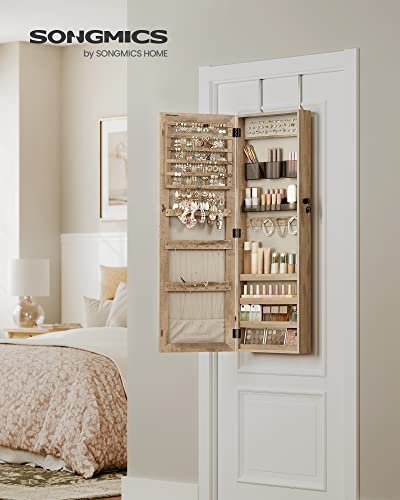 Songmics Mirror Jewelry Cabinet Armoire, Wall Or Door Mounted Jewelry Storage Organizer, Hanging Lockable Frameless Mirror Cabinet With 2 Cosmetic Organizers, Gift Idea, Toasted Oak Color Ujjc001N01 #TOP7