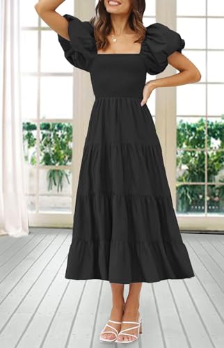GOLDSTITCH Women's Smocked Maxi Dress Square Neck Ruffle Hem Puffy Short Sleeve Flowy Midi Dress4