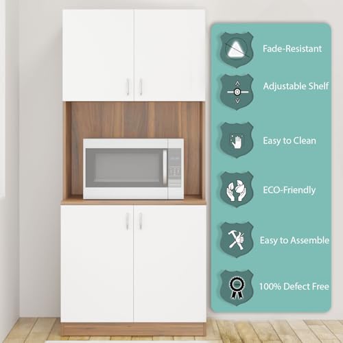 Image of VIKI Furniture | Kitchen Cabinet - 5 Tier Unit with Doors & Open Shelves, Organizer for Kitchen, Bedroom, Hallway & Living Room (Brussel Walnut & Frosty White - 40D x 80W x 180H cm) | 1 Year Warranty