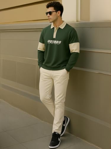 Image of Veirdo Men's Loopknit Cotton Oversized Baggy Fit | Full Sleeve Polo T-Shirt | Casual Streetwear with Ribbed Cuffs Travel | Sizes: S to XXL