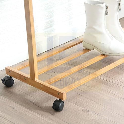 Image of LEOPAX Bamboo Rolling Coat Rack with 2 Side Hook Garment Rack with Shoe Storage Shelves for Entryway Living Room Bedroom Hallway - Do It Yourself - Beige Color - Size - (80 x 38 x 145cm)