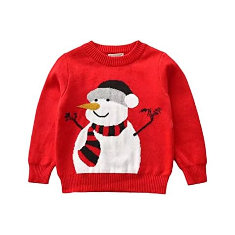 18 Months - 7 Years Kid Toddler Baby Boys Girls Cute Christmas Jumper Sweaters Long Sleeve Christmas Reindeer Snowman Cartoon Print Pullover Knitted Sweater Tops Outfits (Red-Snowman,4-5 Years) Cover