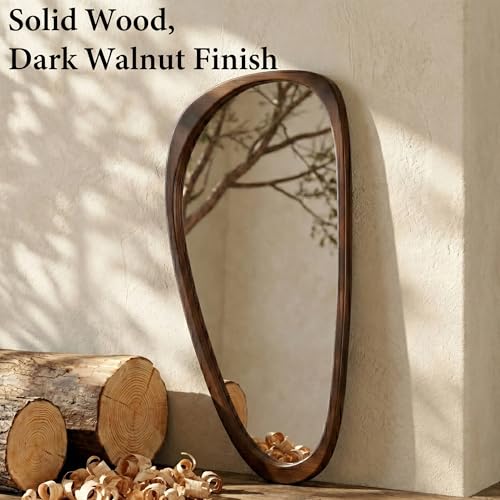 Image of Solid Wood 48 inchx24 inch Dark Walnut Large Organic Irregular Wall Mirror | Large sculptural look adds MCM wood depth to bedroom walls, hallways, living rooms, sideboards, dressers, statement decor