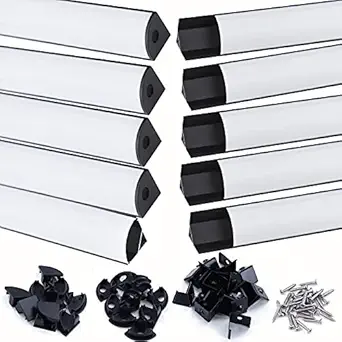 Muzata Black LED Channel System with Milky White Cover Lens,Aluminum Extrusion Profile for Strip Tape Light Diffuser Track Segments with Video,10Pack 6.6ft/2M V Shape