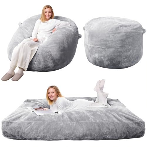 WLIVE 4FT Bean Bag Chair, Bean Bag Bed, Convertible Chair Folds from Bean Bag to Floor Mattress, High-Rebound Memory Foam, Full Size, Grey