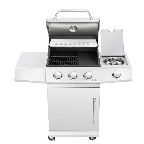 BBQ Kingdom 3+1 Burner Gas BBQ Grill with Side Burner, Stainless Steel Garden Barbecue, Cast Iron Grill and Cooking Plate, Wheeled Base, Cover, Cabinet, Side Shelves, Removable Grease Tray