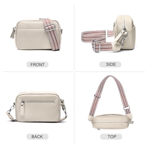 Image of Small Crossbody Bags for Women Genuine Leather, Guitar Strap Shoulder Handbag Purse Camera Bag with Rfid Card Slots, Beige
