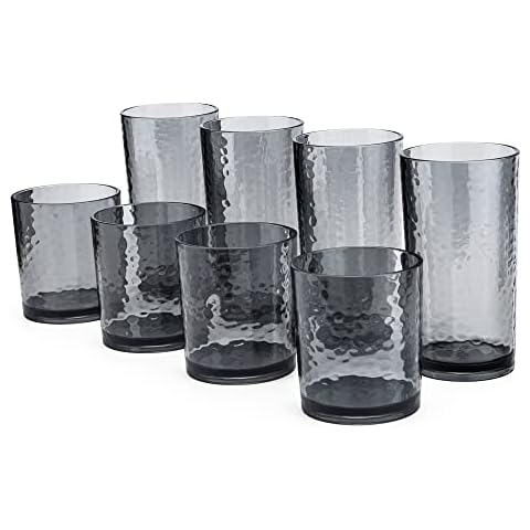 KX-WARE 14-ounce and 20-ounce Acrylic Glasses Plastic Tumbler, set of 8 Smoky Grey - Hammered Style, Dishwasher Safe, BPA Free Cover