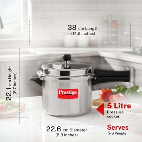 Image of Prestige 5 Litre Aluminium Popular Outerlid Pressure Cooker | Virgin Aluminium| Gas Compatible|Controlled Gasket Release System|5 years warranty|ISI Certified