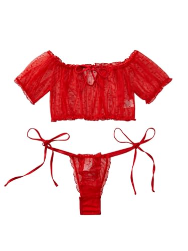 Image of Lilosy Sexy Stretch Ruffle Tie Sheer Mesh Lingerie Set Outfits