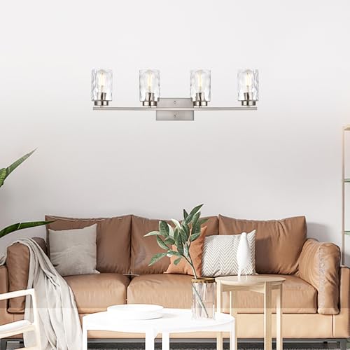 Image of Bathroom Vanity Light Fixtures Modern 4-Light Wall Sconces Brushed Nickel Wall Light Fixture with Clear Hammered Shade Vanity Light for Mirror Kitchen Porch Bedroom Hallway, E26 Base