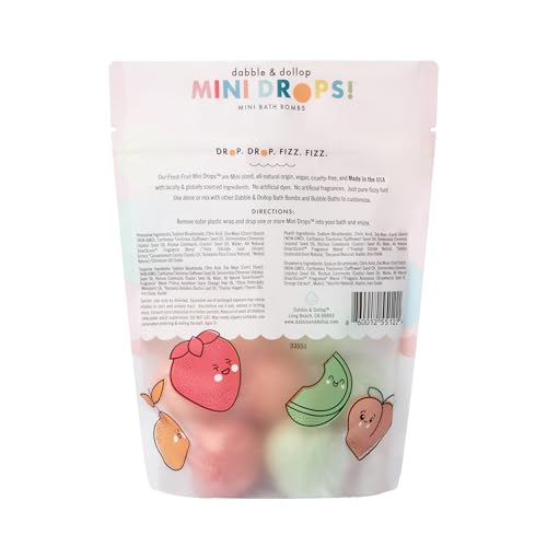 Image of Dabble & Dollop Mini Bath Bombs, Fresh Fruit Scents - Natural Origin, Mixable Scents, Clean Ingredients, No Synthetic Dyes, Toddler & Kids Bath Bombs in Resealable Pouches (Set of 24)