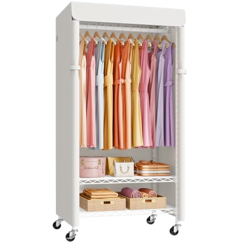 ULIFHOME P6C Medium Rolling Clothes Rack with Cover, Covered Clothing Rack