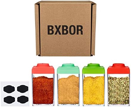 BXBOR 4-Pack Spice Jars - 7 oz Spice Containers - Multi-color Easy to Fill with Chalkboard Labels Included for Salt Shaker - Seasoning Bottle and More
