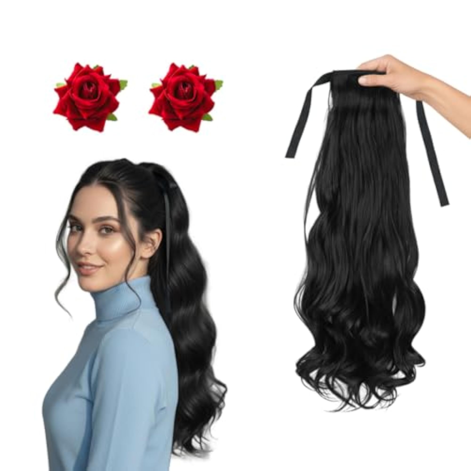 Ribbon Hair Extensions Combo with 2 Rose Clips