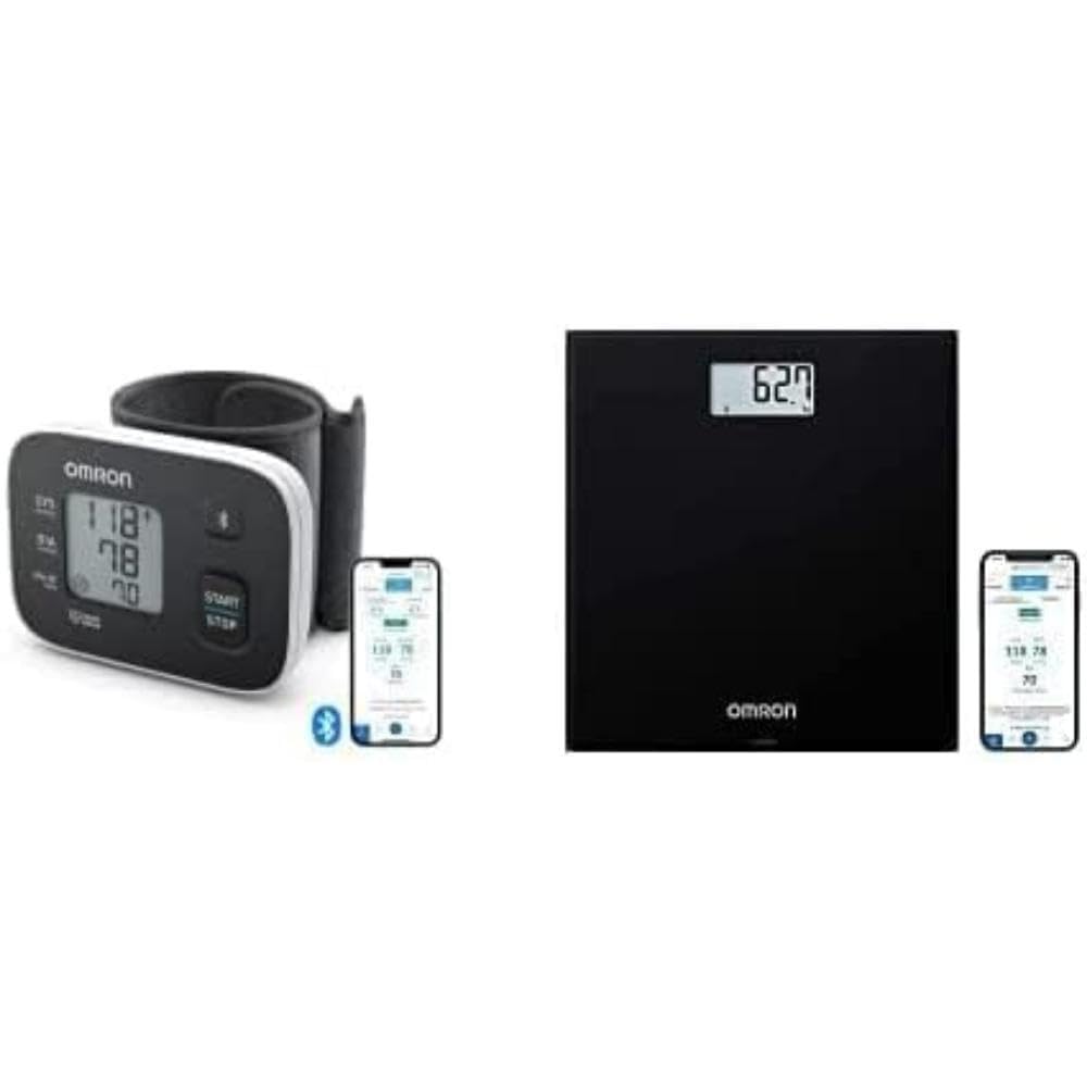 OMRON Tensiómetro RS3 Intelli IT de muñeca con Bluetooth, compatible con dispositivos iOs y Android+ OMRON HN300T2 Intelli IT Báscula digitale con Bluetooth y aplicación para smartphone
