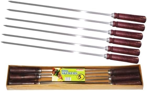 MSQUARE Stainless Steel Barbecue Skewers, Ergonomic Wooden Handles, Construction & Long-Lasting Use, Heat Resistant, Easy to Clean, Ideal for Shish Kebabs, Tandoor Cooking, Camping (6 Pcs)