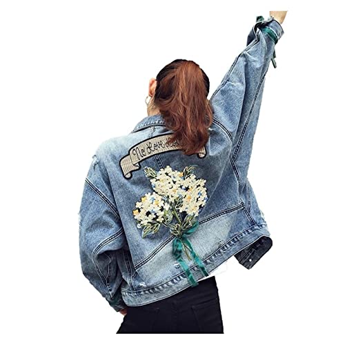 Wpyyi Women Denim Jacket Feminine Spring Autumn Sequin Floral Appliques Embroidery Coat Long Sleeve Outerwear Female (Color : Blue, Size : L Code) #TOP15