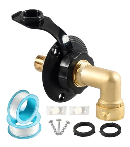 Image of RV City Water Fill Inlet with Elbow Check Valve, 3 /4 NH Female to 1 /2 NPT Male RV Water Hose Brass Connector Replacement for RV Camper Motorhome Trailer Marine Black