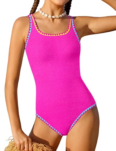Qaoerde Girls Swimsuit One Piece Swimsuits Solid Color Bathing Suit Colorful Contrast Trim Adjustable Straps Swimwear 9-16Y
