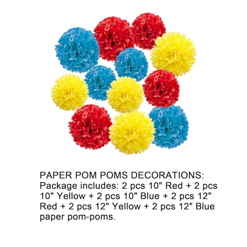 Image of 12pcs Red,Yellow and Blue Paper Pom Poms Decorations for Carnival Circus Birthday Party Ceiling Wall Hanging Tissue Flowers Decorations - 3 Colors of 12 Inch, 10 Inch.