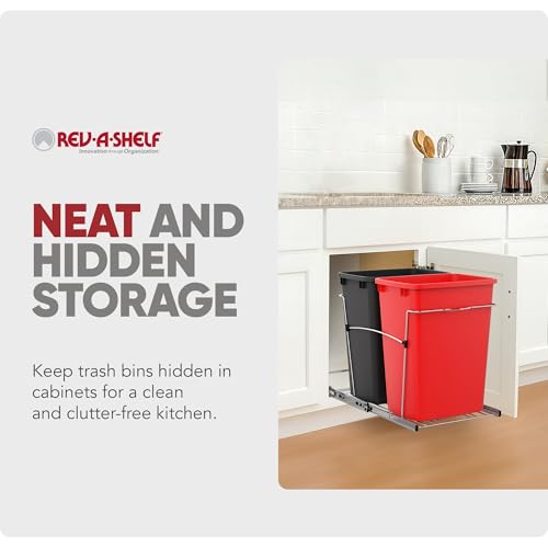 Image of Rev-A-Shelf RV-18KD-1618C-S Double Pullout Trash Can for Kitchen Cabinets 35 Qt Garbage Recycling Bin on Full Extension Slides, Red /Black